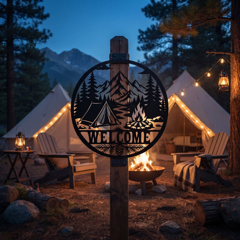 Camping Welcome Sign Laser SVG | Mountain River Campfire Metal Wall Art DXF | Laser Cut File | CNC Plasma Cut | Rustic Cabin Decor SVG HappyDesignStudio 