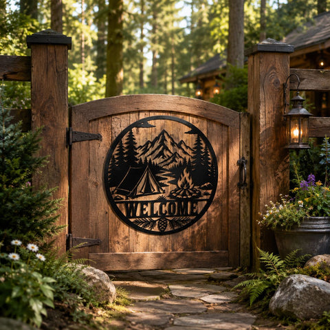 Camping Welcome Sign Laser SVG | Mountain River Campfire Metal Wall Art DXF | Laser Cut File | CNC Plasma Cut | Rustic Cabin Decor SVG HappyDesignStudio 