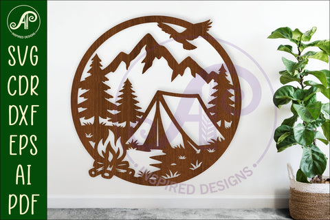 Campsite mountains and forest wall art sign, laser cut SVG APInspireddesigns 