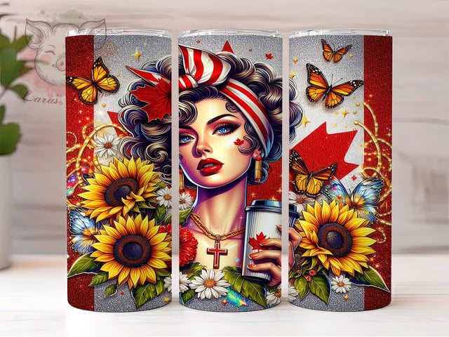 Canadian Girl Tumbler Wrap, Sunflower Canada Sublimation Design, 20oz Skinny Tumbler Wrap, Floral Patriotic Tumbler Art, Canada Day Gift Idea, Maple Leaf Sunflower Wrap Sublimation Lara' s Designs 