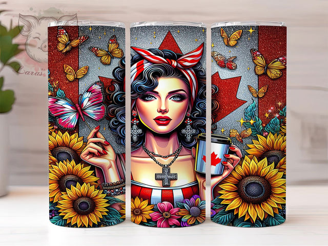 Canadian Girl Tumbler Wrap, Sunflower Canada Sublimation Design, 20oz Skinny Tumbler Wrap, Floral Patriotic Tumbler Art, Canada Day Gift Idea, Maple Leaf Sunflower Wrap Sublimation Lara' s Designs 