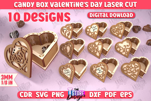 Candy Box Valentine's Day Bundle | Candy Treat Box | Box Heart Shape Box | CNC Files SVG The T Store Design 