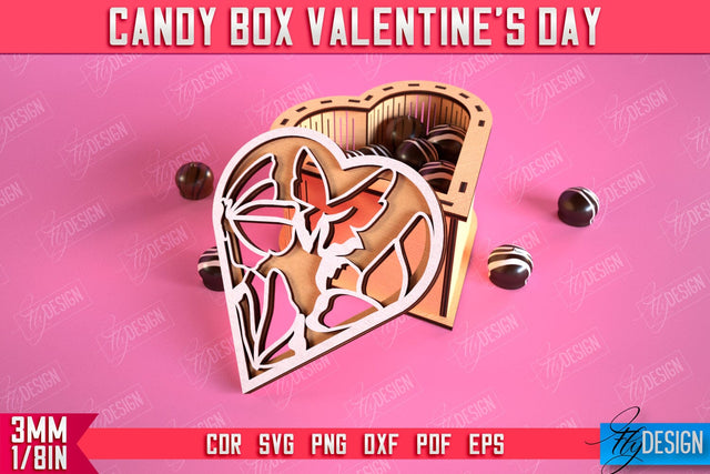 Candy Box Valentine's Day | Candy Treat Box | Heart Shape Box | CNC File SVG Fly Design 