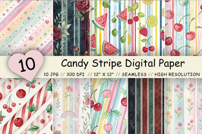 Candy Stripe Digital Paper Pack, Seamless Watercolor Pattern Bundle, Printable Scrapbook Paper, Sweet Rainbow Design Collection Digital Pattern FloridPrintables 