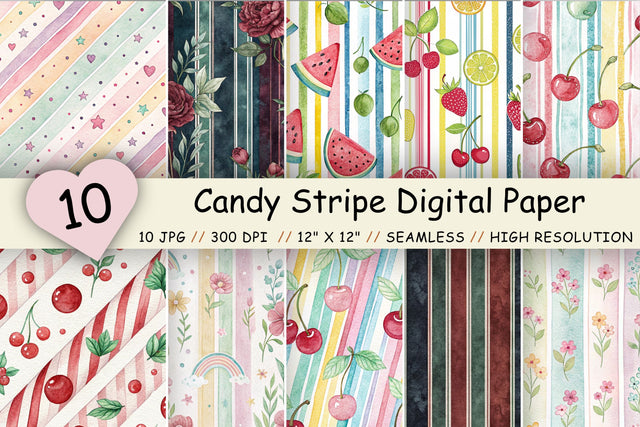 Candy Stripe Digital Paper Pack, Seamless Watercolor Pattern Bundle, Printable Scrapbook Paper, Sweet Rainbow Design Collection Digital Pattern FloridPrintables 