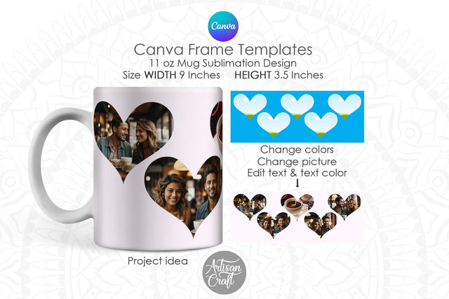 Canva Mug Template, Heart Photo Mug, Canva Frames, 11oz mug Sublimation Artisan Craft SVG 