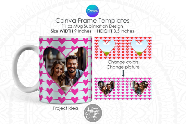 Canva Mug Template, heart photo mug, Canva Frames Sublimation Artisan Craft SVG 