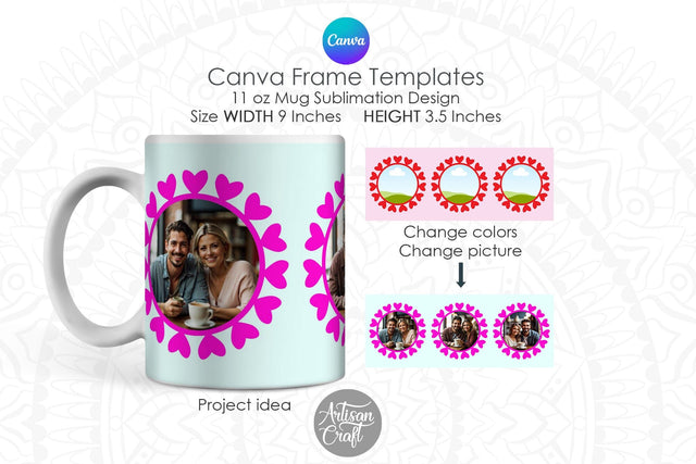 Canva Mug Template, Heart Photo Mug, Canva Frames Sublimation Artisan Craft SVG 