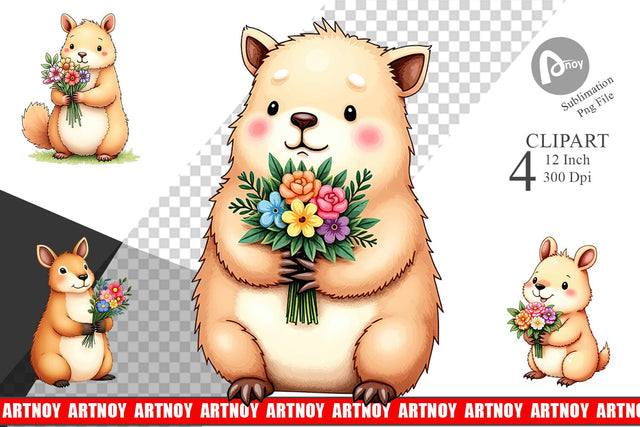 Capybara Spring Bouquet Clipart Sublimation artnoy 