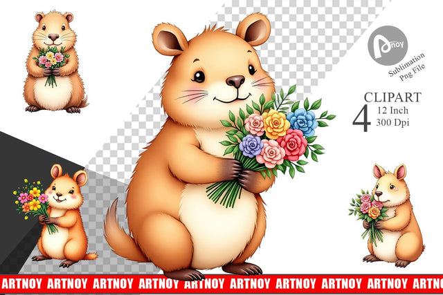 Capybara Spring Bouquet Clipart Sublimation artnoy 
