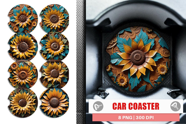 Car Coaster 3D Carved Sunflower Sublimation artnoy 