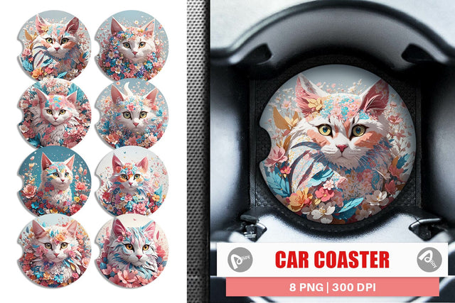Car Coaster 3D Cat with Flower Fantasy Sublimation artnoy 