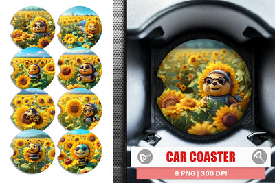Car Coaster 3D Cute Bee Sunflowers Sublimation artnoy 