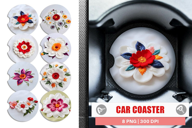 Car Coaster 3D Flower Embroidered Sublimation artnoy 