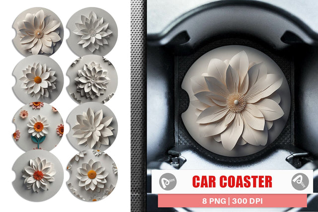 Car Coaster 3D Paper Cut White Flower Sublimation artnoy 