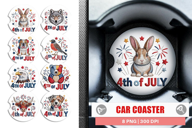 Car Coaster 4th of July Embroidery Animal Sublimation artnoy 