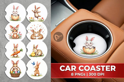 Car Coaster Adorable Fluffy Easter Bunnies Watercolor Sublimation artnoy 