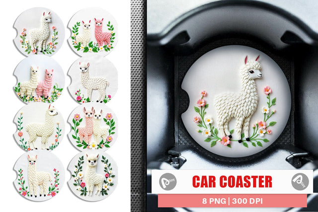 Car Coaster Alpaca Embroidery Sublimation artnoy 