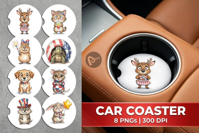 Car Coaster Awkward Patriotic Animals Watercolor Sublimation artnoy 