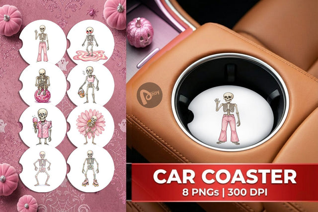 Car Coaster Awkward Pink Skeleton Retro Watercolor Sublimation artnoy 
