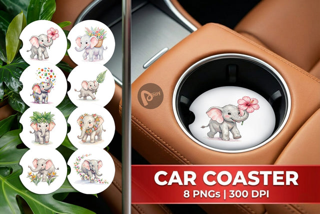 Car Coaster Baby Elephant Floral Parade Watercolor Sublimation artnoy 