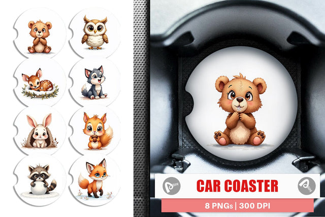 Car Coaster Baby Forest Animals Winter Watercolor Sublimation artnoy 