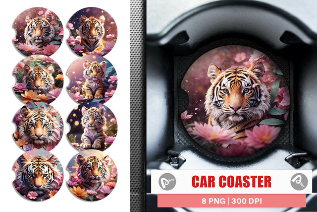 Car Coaster Baby Tiger and Flower Sublimation artnoy 