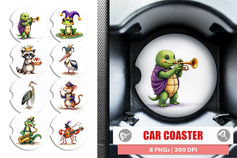 Car Coaster Bayou Jazz Mardi Gras Animals Watercolor Sublimation artnoy 