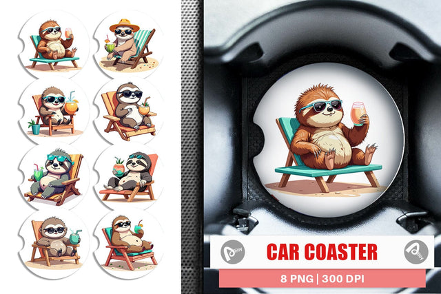 Car Coaster Beach Bum Sloth Sublimation artnoy 