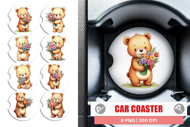 Car Coaster Bear Spring Bouquet Sublimation artnoy 