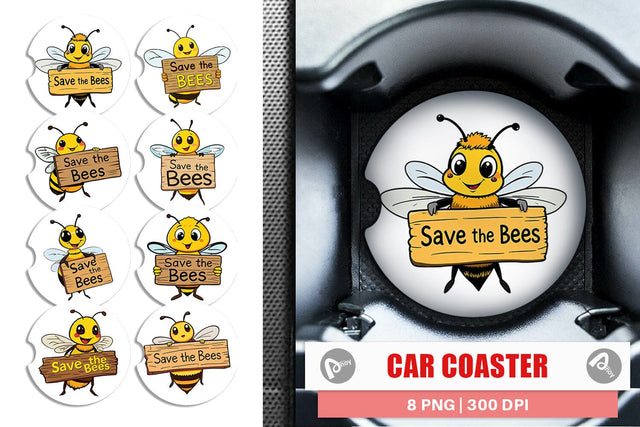 Car Coaster Bee Holding Sign Sublimation artnoy 