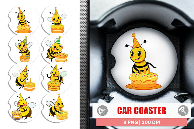 Car Coaster Bee with Birthday Cake Sublimation artnoy 