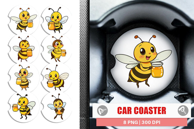 Car Coaster Bee with Honey Jar Sublimation artnoy 