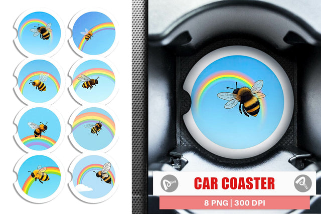 Car Coaster Bee with Rainbow Sublimation artnoy 