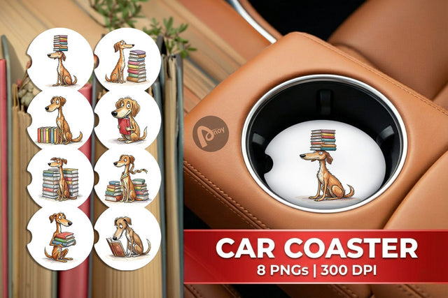 Car Coaster Bibliophile Dog Book Stack Watercolor Sublimation artnoy 