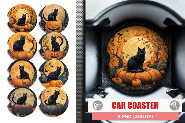 Car Coaster Black Cat and Pumpkin Sublimation artnoy 