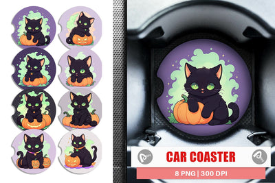 Car Coaster Black Cat and Pumpkin Sublimation artnoy 