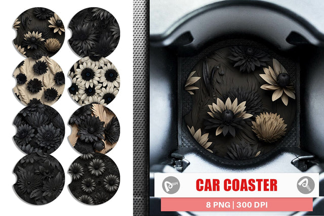 Car Coaster Black Flowers Sublimation artnoy 