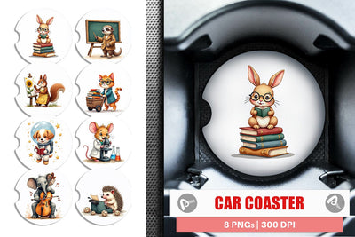 Car Coaster Brainy Buddies Scholarly Animals Watercolor Sublimation artnoy 
