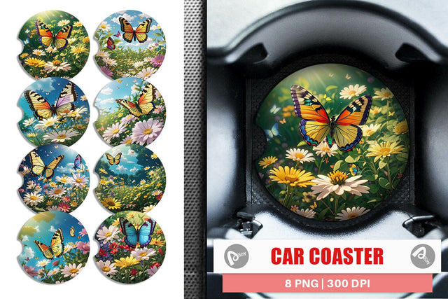 Car Coaster Butterfly and Wildflowers Sublimation artnoy 