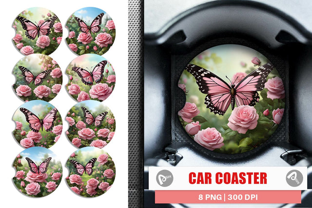 Car Coaster Butterfly Pink and Flower Sublimation artnoy 