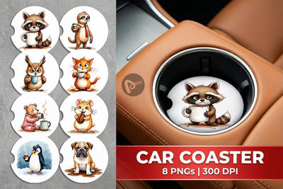 Car Coaster Caffeinated Chaos Grumpy Animal Watercolors Sublimation artnoy 