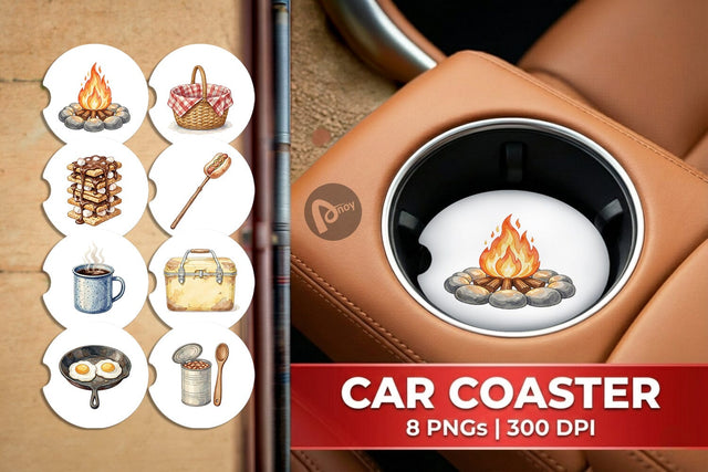 Car Coaster Campfire Cooking Nostalgia Watercolor Sublimation artnoy 
