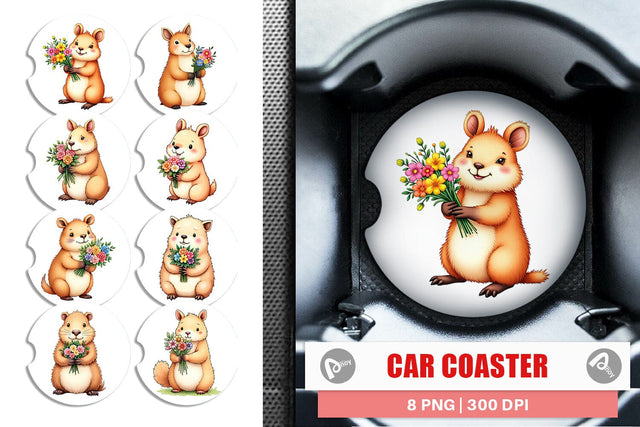 Car Coaster Capybara Spring Bouquet Sublimation artnoy 