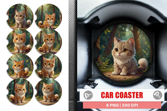 Car Coaster Cartoon Cat in Forest Sublimation artnoy 