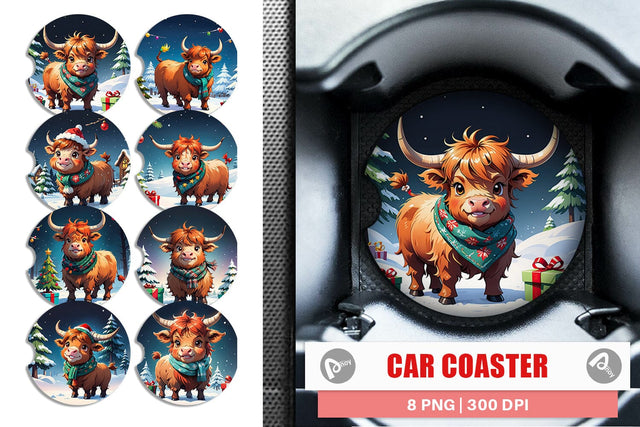 Car Coaster Cartoon Christmas Highland Cow Sublimation artnoy 