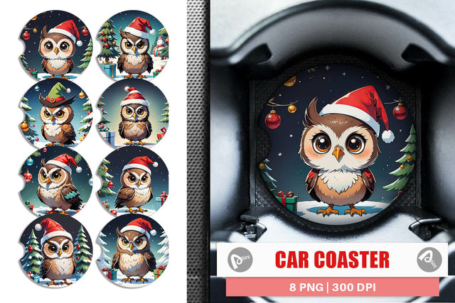 Car Coaster Cartoon Christmas Owl Sublimation artnoy 