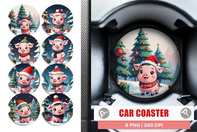 Car Coaster Cartoon Christmas Pig Sublimation artnoy 