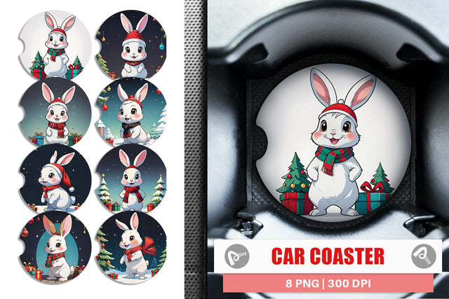 Car Coaster Cartoon Christmas Rabbit Sublimation artnoy 