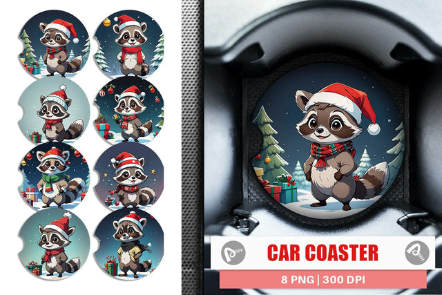Car Coaster Cartoon Christmas Raccoon Sublimation artnoy 